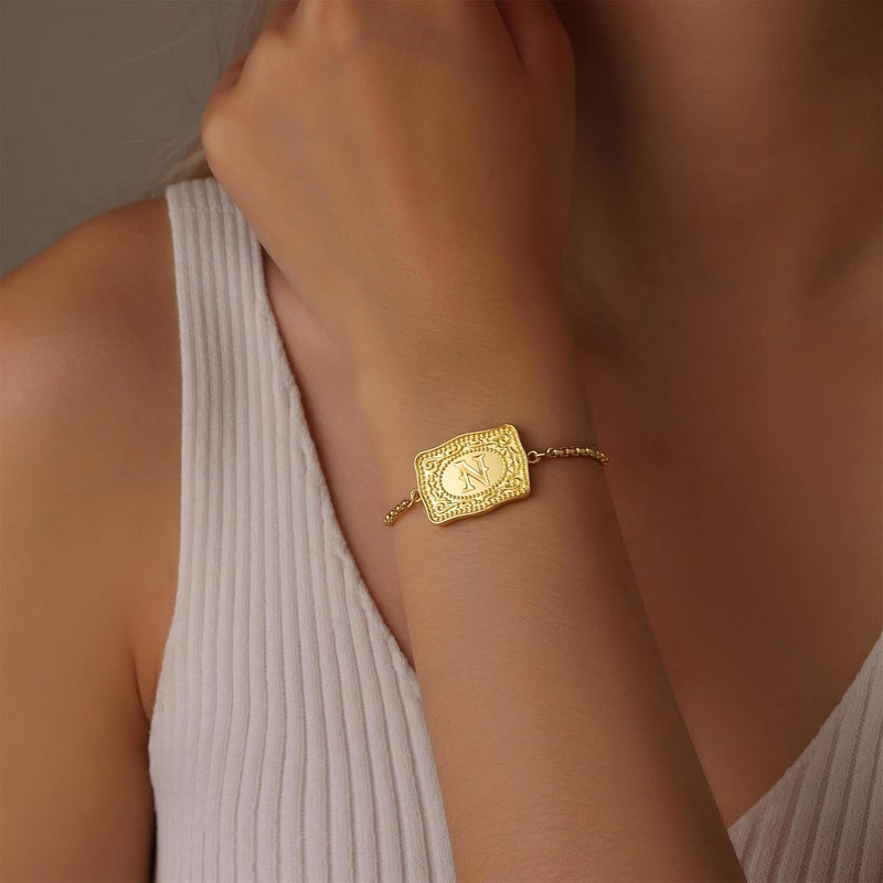 ROJHOL Store Gold Silver Initial Bracelet for Women, 18K Gold Plated Mini Belt Buckle Initial Bracelet, Letter A-Z Charm Bracelet Unique Western Jewelry Gifts for Women Men - Image 1